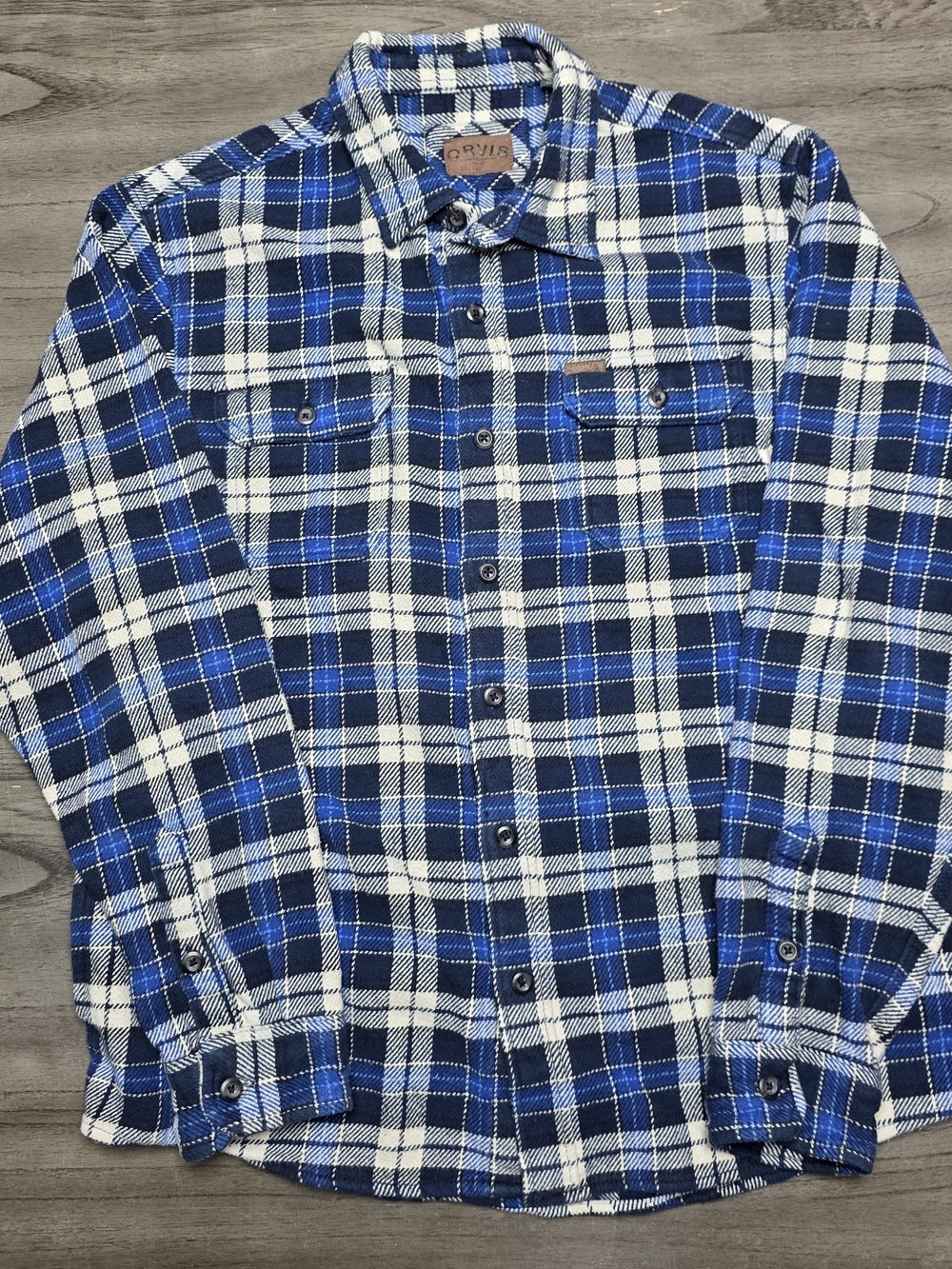 Orvis Heavy Flannel Pocketed Blue and White Plaid Button-Down Shirt